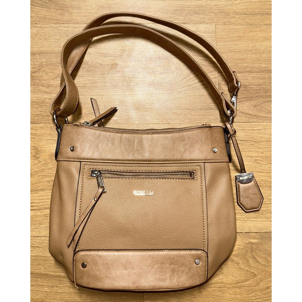 Rossetti Handbag Shoulder Bag Purse Tan Faux Leather Silver Hardware RN # 73277